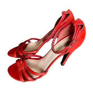 Marc Jacobs Red Leather Strappy Sandals Heels with Studded Ankle Strap Sz 39.5